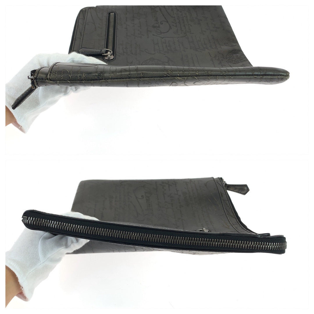 Berluti Clutch bag leather Gray Gunmetal Clutch bag business bag Calligraphy O'Grand Jules mens Used Authentic