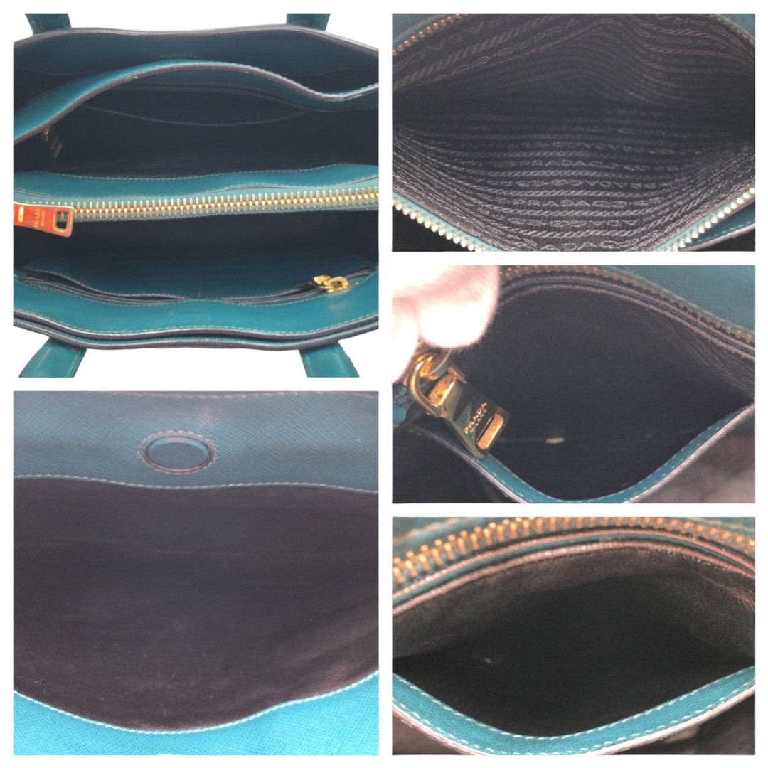 PRADA Tote Bag BN2606 leather Green GoldMetal Tote Bag Shoulder Bag Handbag Safiano Women Used Authentic