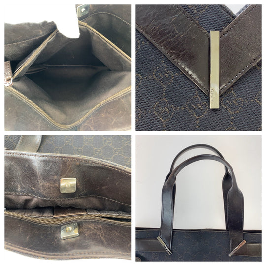 GUCCI Tote Bag 73983 GG canvas, leather Brown Silver Metal Tote Bag Shoulder Bag Handbag Women Used Authentic