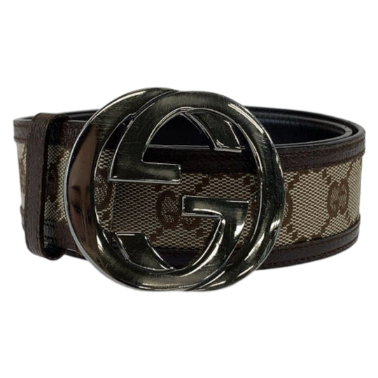 GUCCI belt 114876 GG canvas, leather Brown SilverMetal Belt GG buckle Interlocking mens 30 Used Authentic