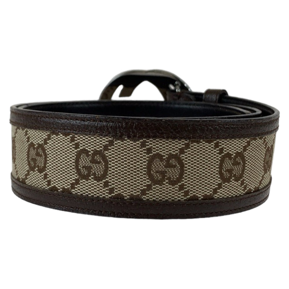 GUCCI belt 114876 GG canvas, leather Brown SilverMetal Belt GG buckle Interlocking mens 30 Used Authentic