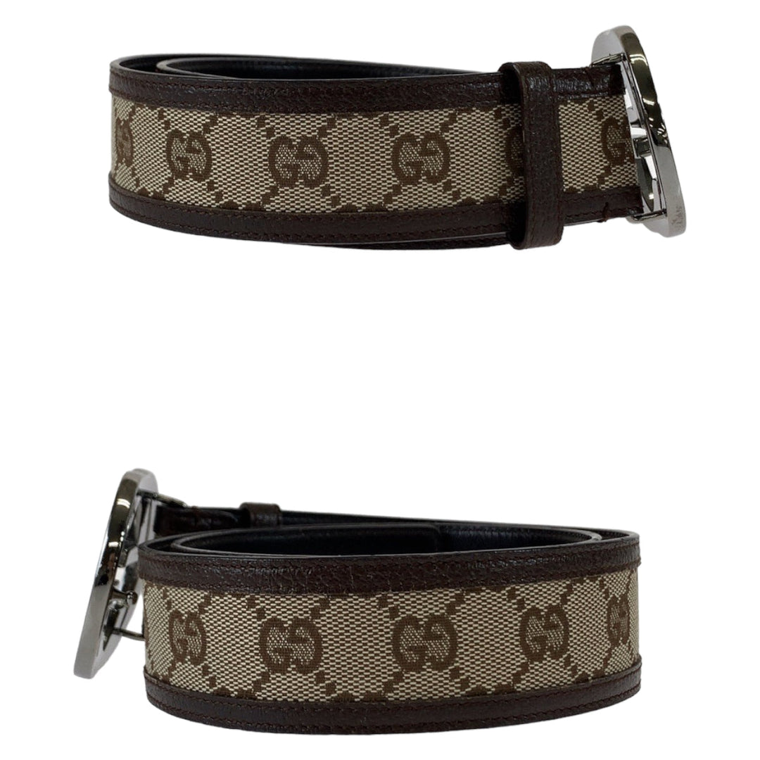 GUCCI belt 114876 GG canvas, leather Brown SilverMetal Belt GG buckle Interlocking mens 30 Used Authentic