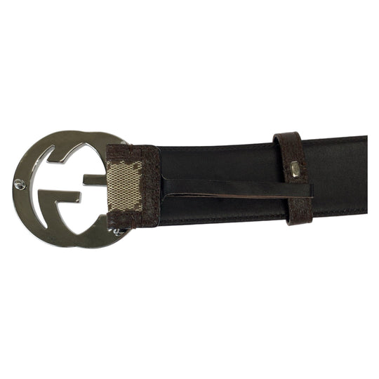 GUCCI belt 114876 GG canvas, leather Brown SilverMetal Belt GG buckle Interlocking mens 30 Used Authentic
