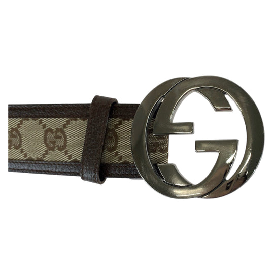 GUCCI belt 114876 GG canvas, leather Brown SilverMetal Belt GG buckle Interlocking mens 30 Used Authentic