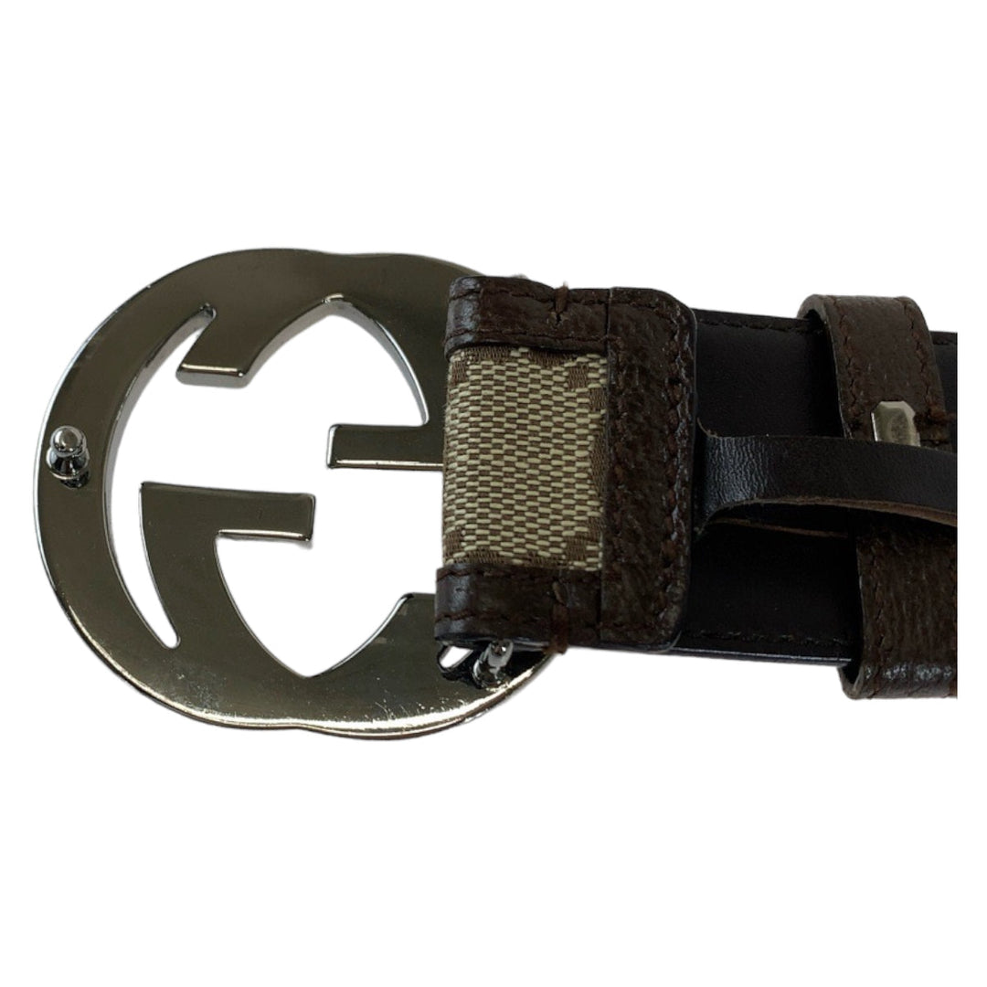 GUCCI belt 114876 GG canvas, leather Brown SilverMetal Belt GG buckle Interlocking mens 30 Used Authentic