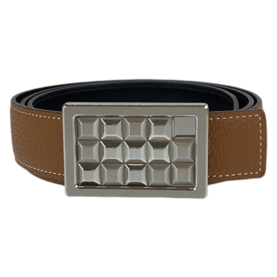 HERMES belt Togo , Box Calf Gold Camel Brown SilverMetal Stud buckle mens 100 Used Authentic