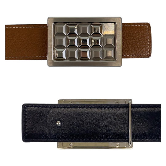 HERMES belt Togo , Box Calf Gold Camel Brown SilverMetal Stud buckle mens 100 Used Authentic