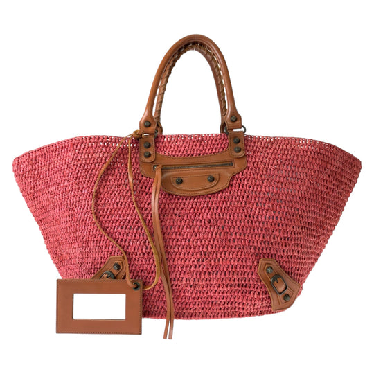 BALENCIAGA Tote Bag 236743 5660 Straw, Leather Pink brown Tote Bag Basket Bag Handbag Women Used Authentic