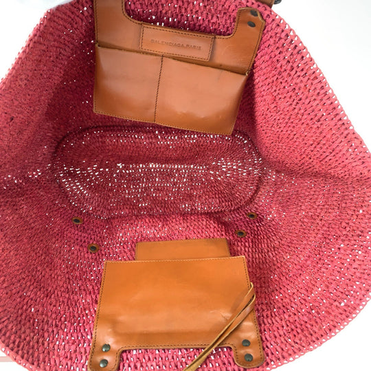 BALENCIAGA Tote Bag 236743 5660 Straw, Leather Pink brown Tote Bag Basket Bag Handbag Women Used Authentic