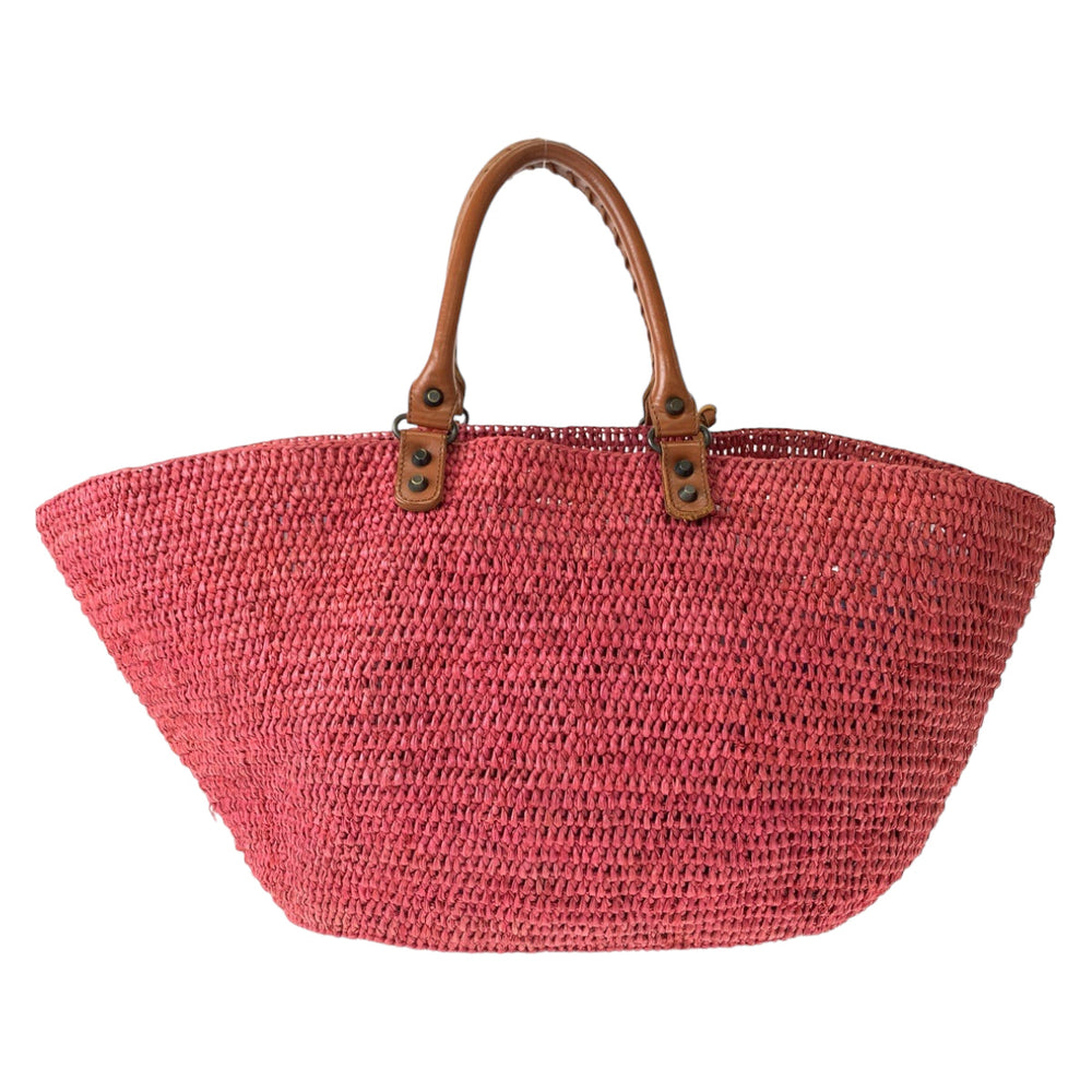 BALENCIAGA Tote Bag 236743 5660 Straw, Leather Pink brown Tote Bag Basket Bag Handbag Women Used Authentic