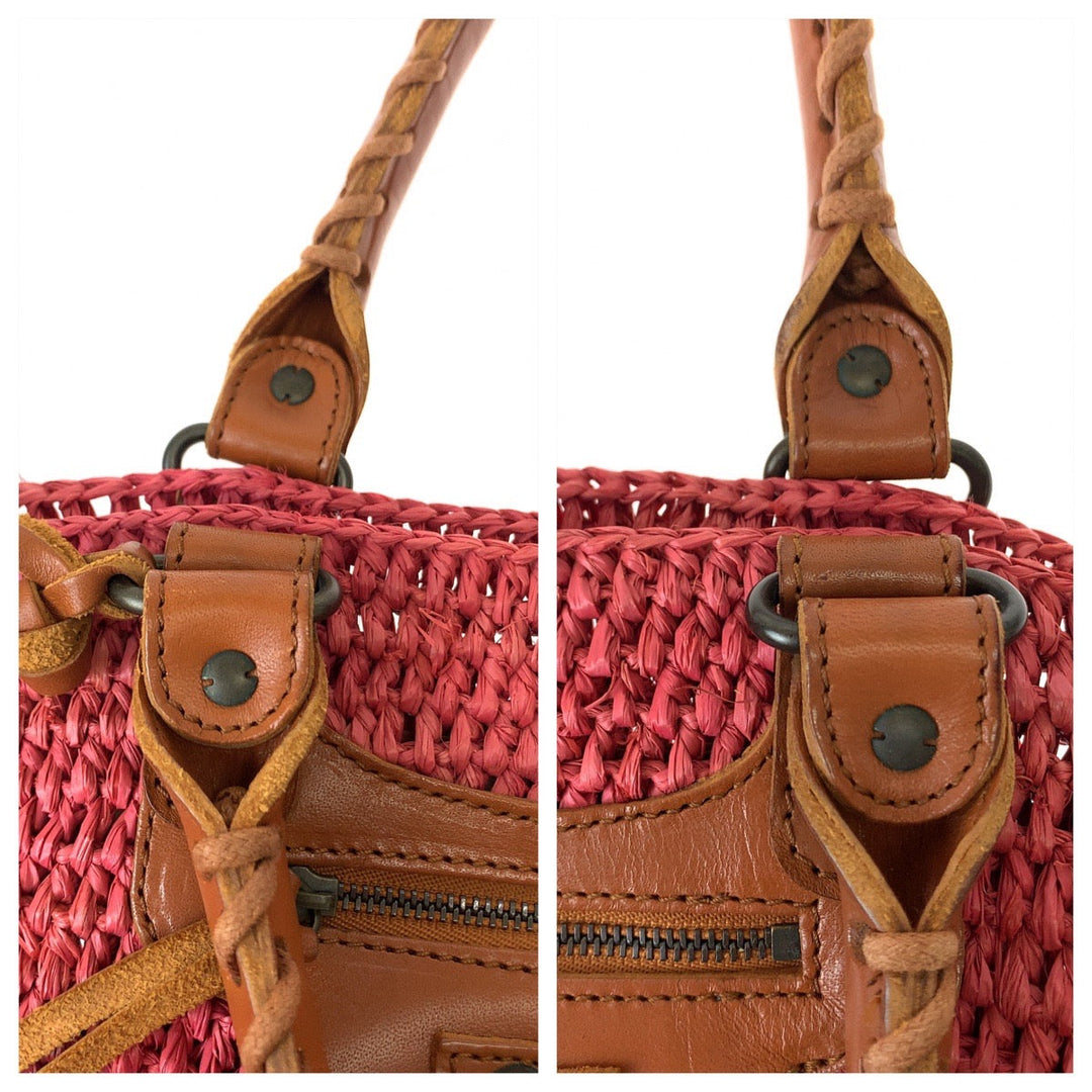BALENCIAGA Tote Bag 236743 5660 Straw, Leather Pink brown Tote Bag Basket Bag Handbag Women Used Authentic