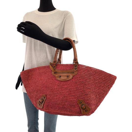 BALENCIAGA Tote Bag 236743 5660 Straw, Leather Pink brown Tote Bag Basket Bag Handbag Women Used Authentic