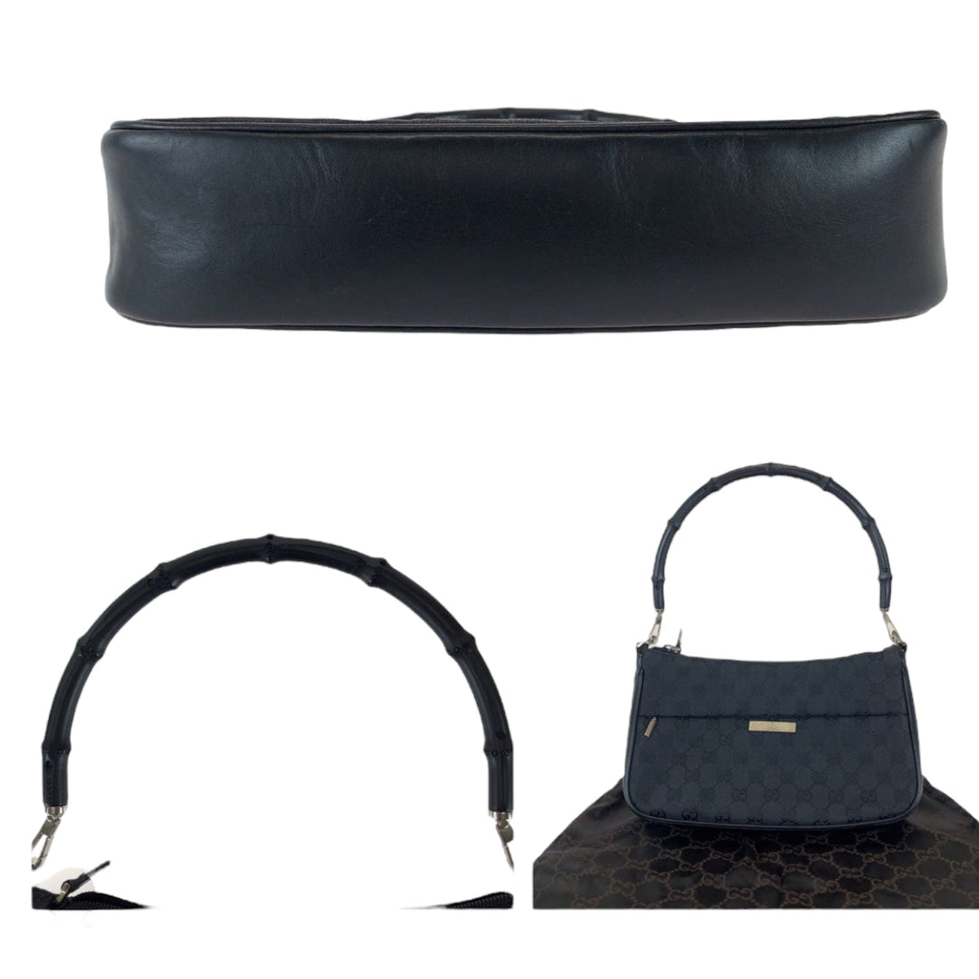 GUCCI Shoulder Bag 001 3865 GG canvas, leather Black Silver Metal Shoulder Bag handbag Bamboo Women Used Authentic