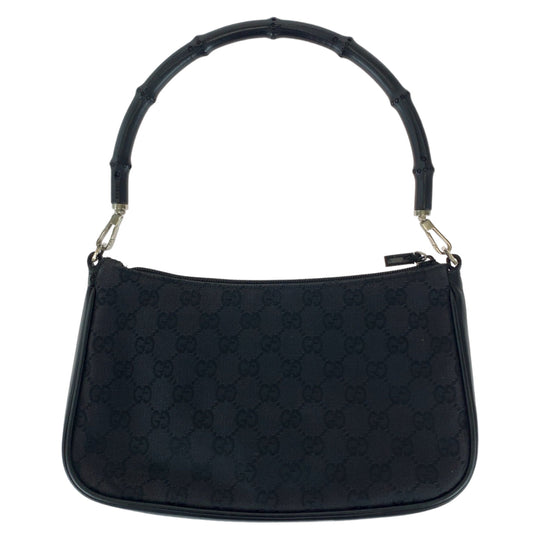 GUCCI Shoulder Bag 001 3865 GG canvas, leather Black Silver Metal Shoulder Bag handbag Bamboo Women Used Authentic