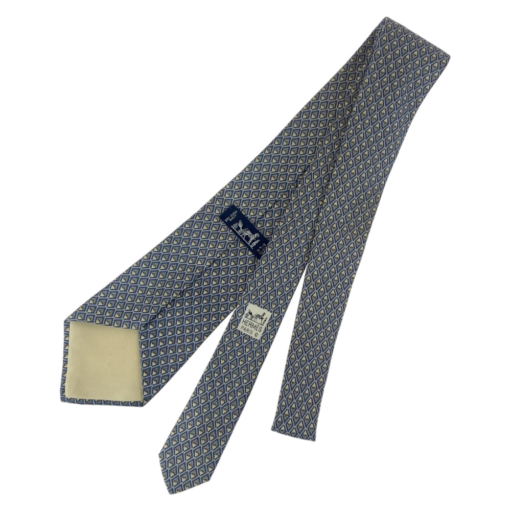 HERMES tie silk Blue white DiamondPattern
