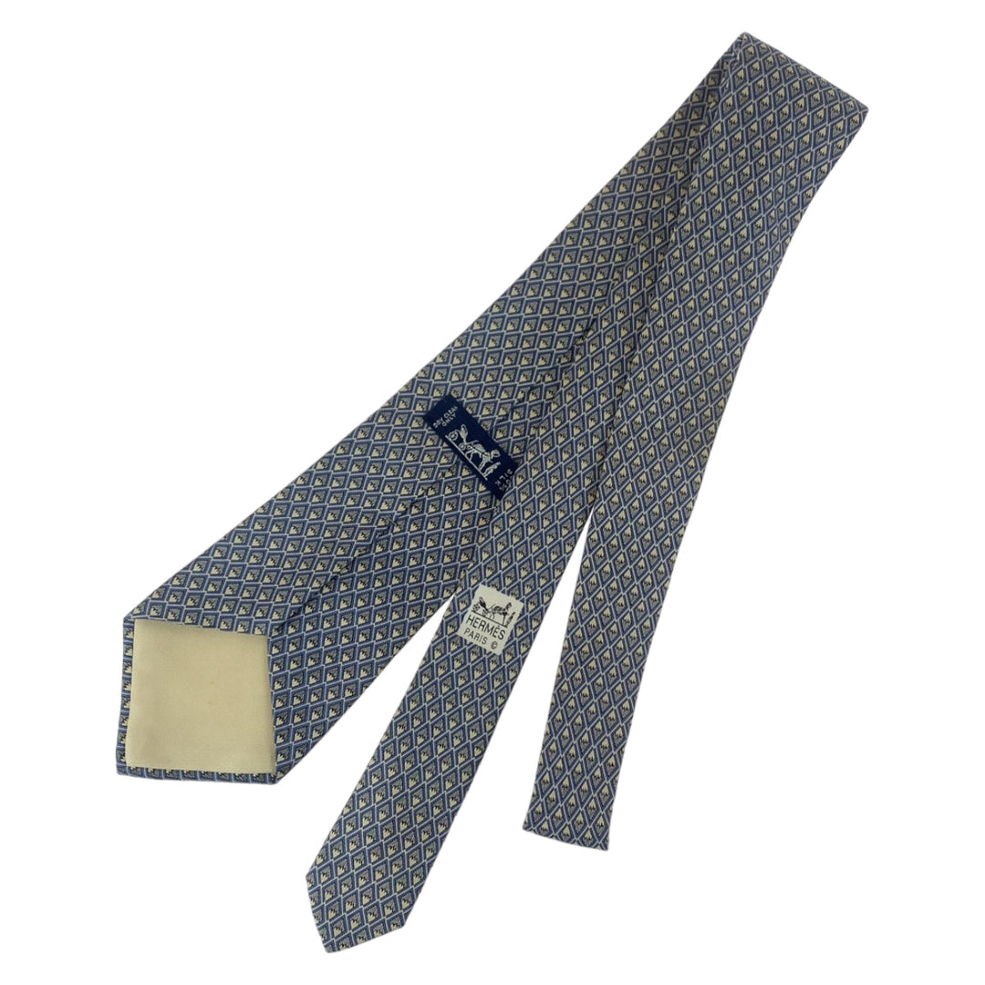 HERMES tie silk Blue white DiamondPattern