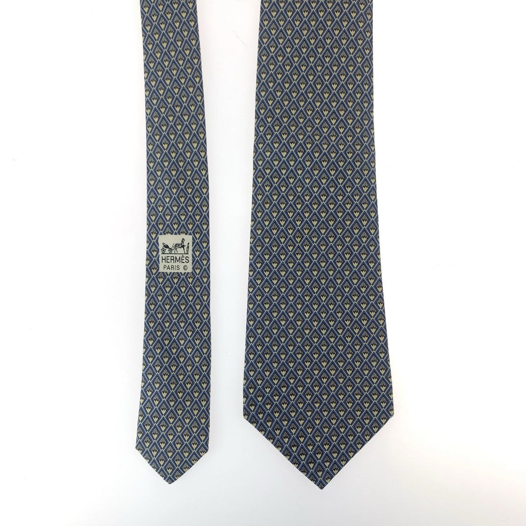 HERMES tie silk Blue white DiamondPattern