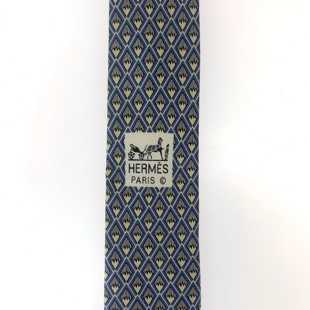 HERMES tie silk Blue white DiamondPattern