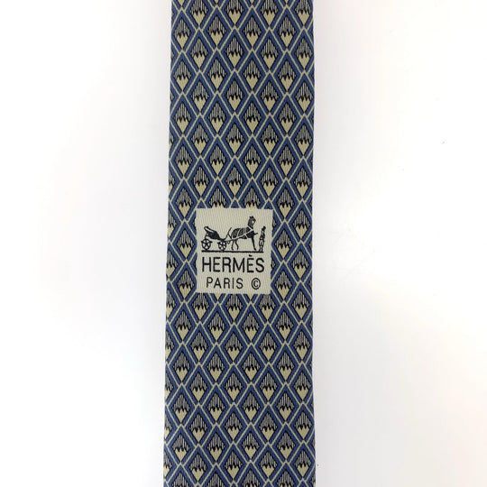 HERMES tie silk Blue white DiamondPattern