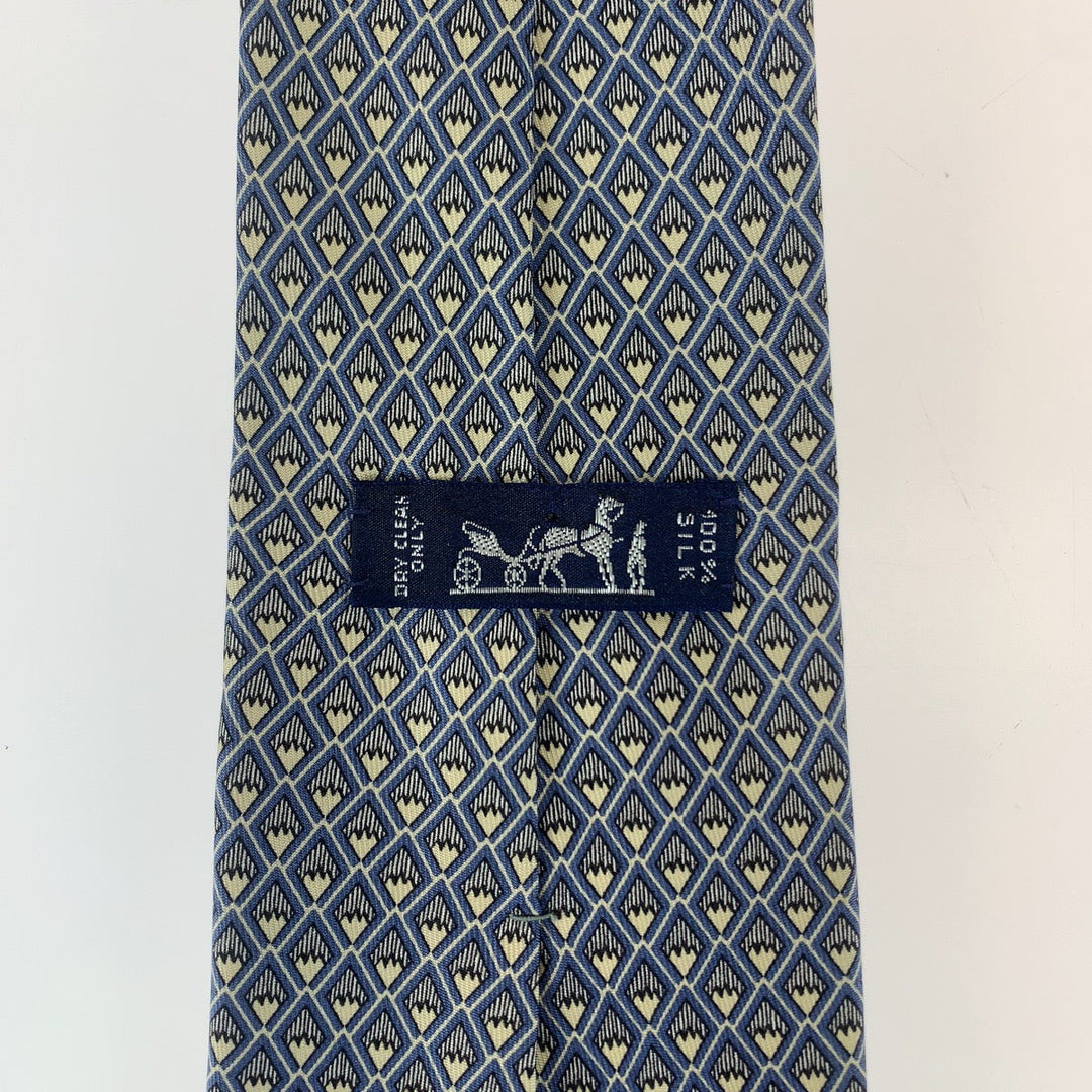 HERMES tie silk Blue white DiamondPattern