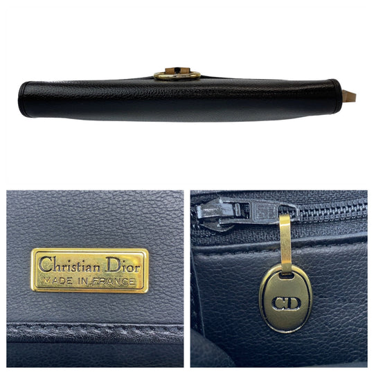 Dior Shoulder Bag leather Black Gold Metal Crossbody Shoulder Bag Pochette Women Used Authentic