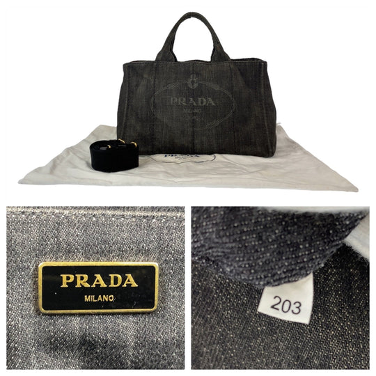 PRADA Tote Bag Cotton denim Grey GoldMetal 2way Tote Bag Crossbody Shoulder Bag Canapa Triangle With logo Women Used Authentic
