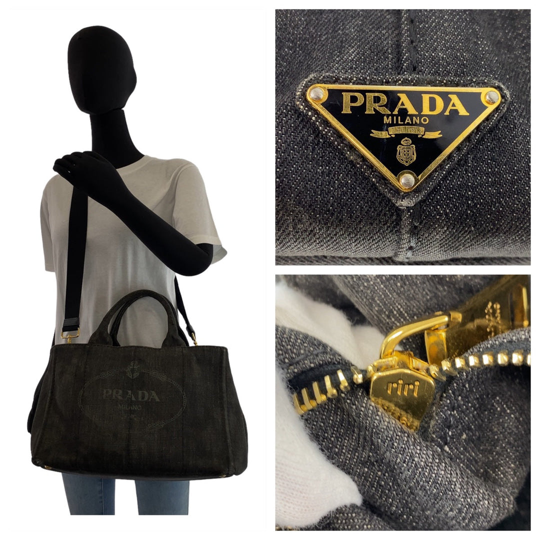 PRADA Tote Bag Cotton denim Grey GoldMetal 2way Tote Bag Crossbody Shoulder Bag Canapa Triangle With logo Women Used Authentic