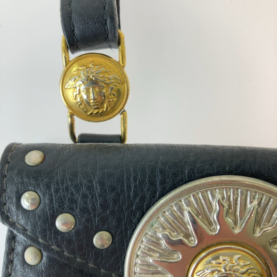 VERSACE Waist bag leather black Waist bag waist pouch Medusa Women Used Authentic