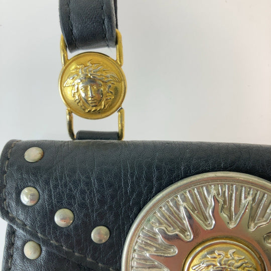 VERSACE Waist bag leather black Waist bag waist pouch Medusa Women Used Authentic