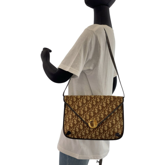 Dior Shoulder Bag Canvas, Leather Brown Gold Metal Shoulder Bag Trotter CD logo Women Used Authentic