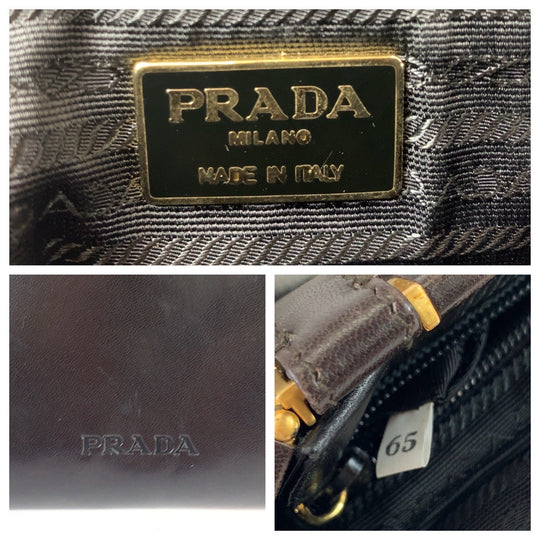 PRADA Handbag B7649 leather Dark Brown Gold Metal Handbags, Purse Tote Bags Women Used Authentic