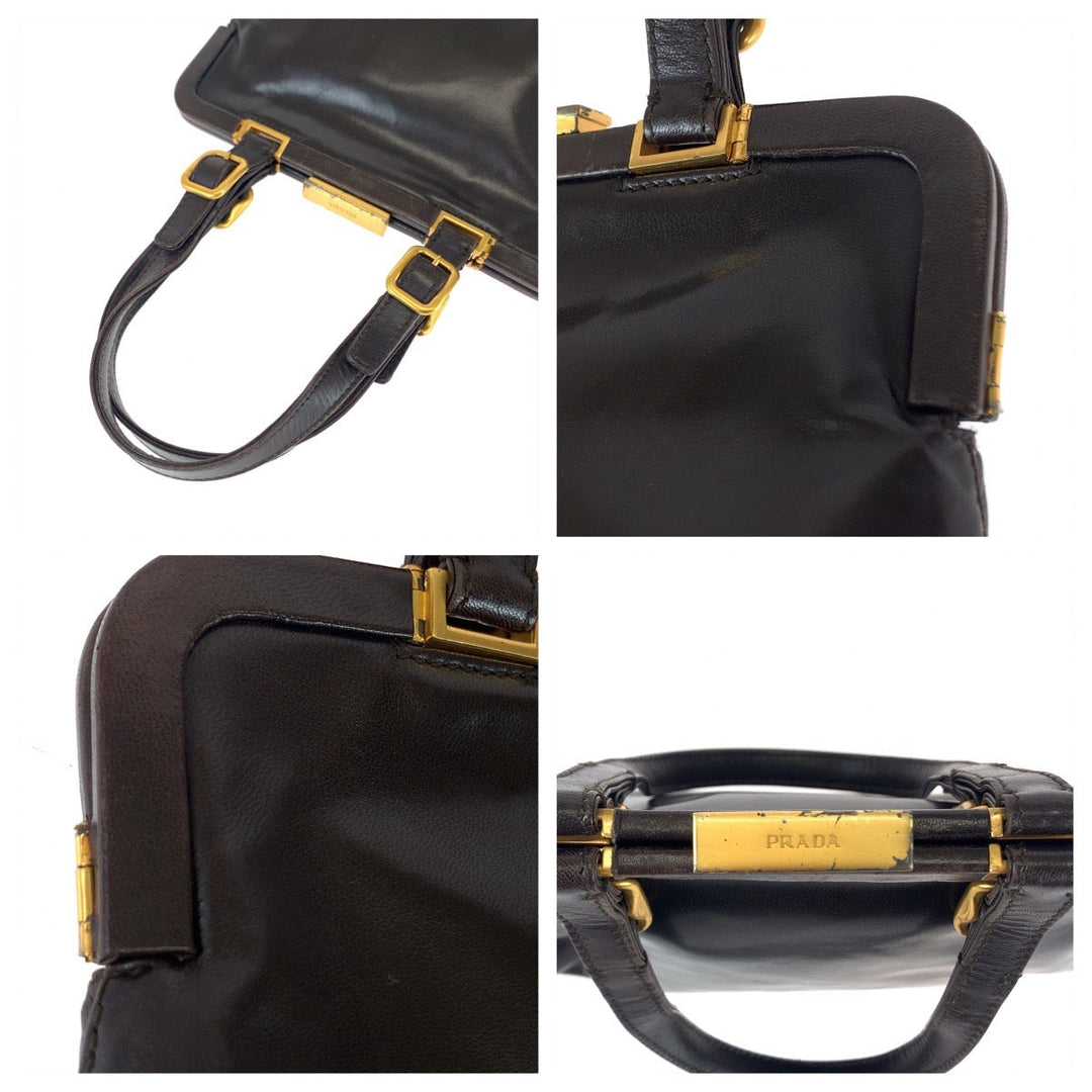 PRADA Handbag B7649 leather Dark Brown Gold Metal Handbags, Purse Tote Bags Women Used Authentic