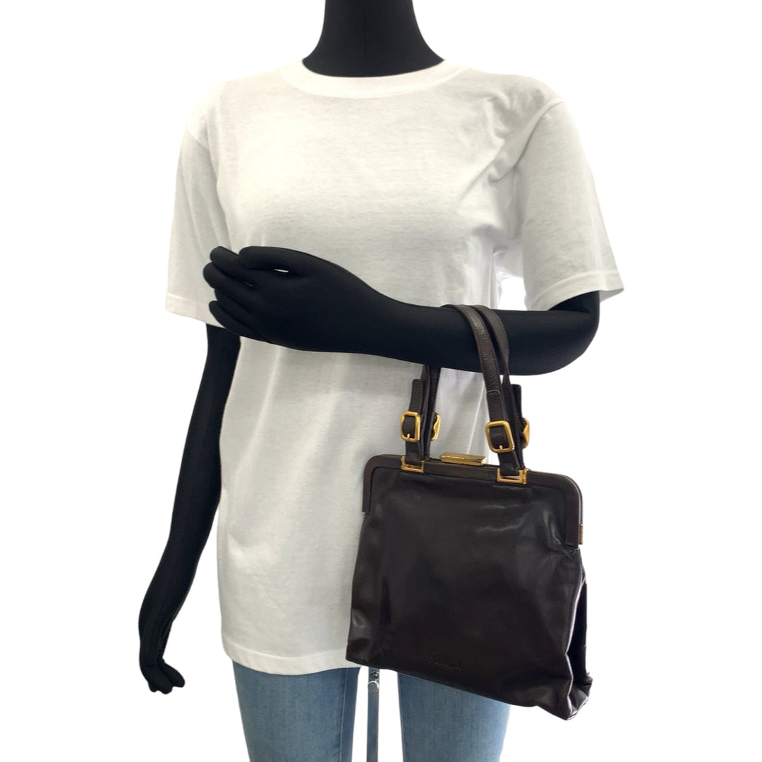 PRADA Handbag B7649 leather Dark Brown Gold Metal Handbags, Purse Tote Bags Women Used Authentic