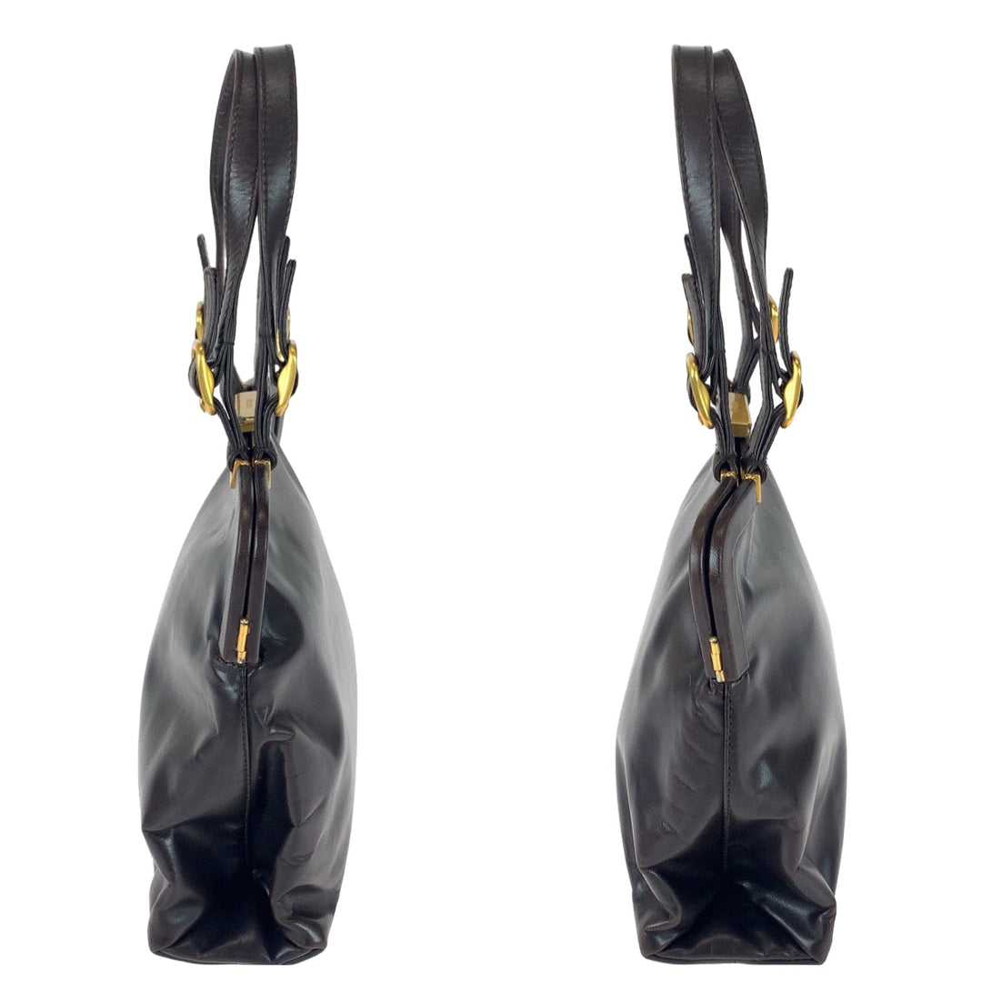PRADA Handbag B7649 leather Dark Brown Gold Metal Handbags, Purse Tote Bags Women Used Authentic