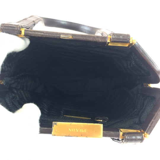 PRADA Handbag B7649 leather Dark Brown Gold Metal Handbags, Purse Tote Bags Women Used Authentic