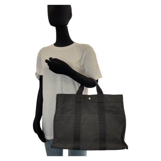 HERMES Tote Bag canvas Grey SilverMetal Tote Bag Handbag A4 storage Unisex Her Line MM mens Used Authentic