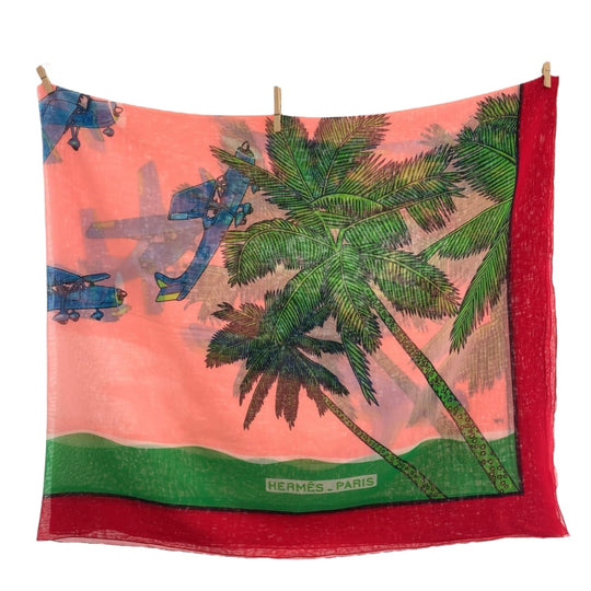 HERMES towel cotton Pink Green Red Blue Towel Pareo Pareo helicopter Women Used Authentic