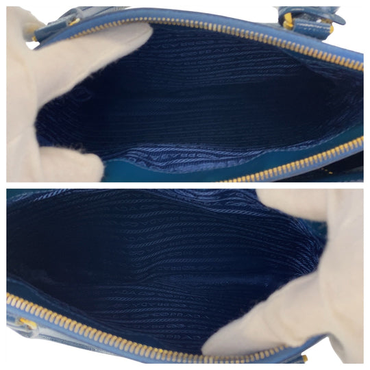 PRADA Handbag leather Blue Gold Metal 2way Handbag Crossbody Shoulder Bag Safiano Triangle With logo Women Used Authentic