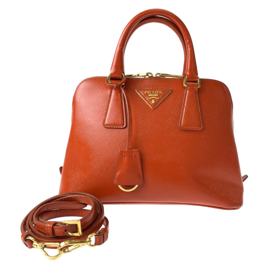 PRADA Shoulder Bag BL0838 leather Orange GoldMetal Shoulder Bag handbag Promenade Patent Saffiano Triangle With logo Women Used Authentic