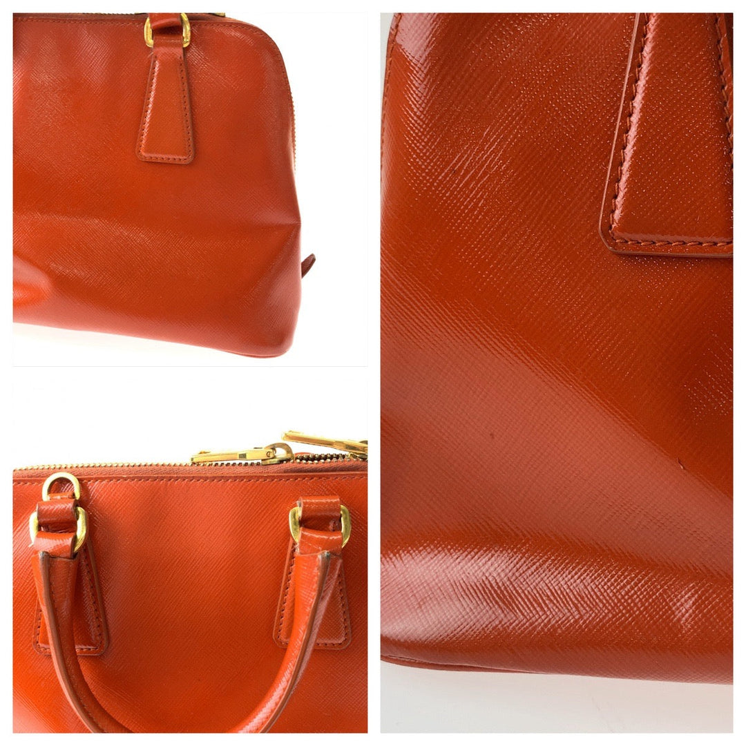 PRADA Shoulder Bag BL0838 leather Orange GoldMetal Shoulder Bag handbag Promenade Patent Saffiano Triangle With logo Women Used Authentic