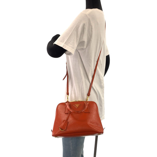 PRADA Shoulder Bag BL0838 leather Orange GoldMetal Shoulder Bag handbag Promenade Patent Saffiano Triangle With logo Women Used Authentic