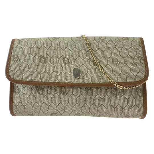 Dior Shoulder Bag PVC, Leather Beige Brown Gold Metal ChainShoulder Bag Crossbody Pochette Honeycomb Pattern Women Used Authentic