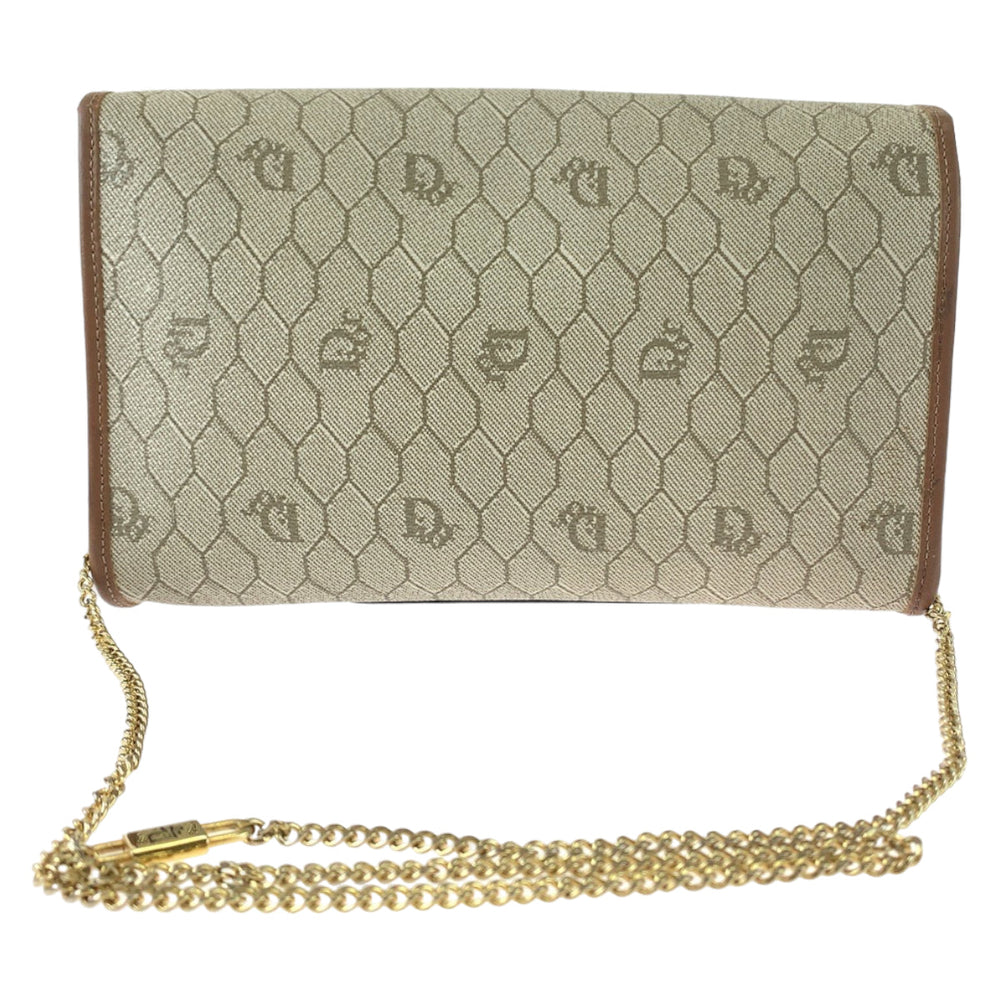 Dior Shoulder Bag PVC, Leather Beige Brown Gold Metal ChainShoulder Bag Crossbody Pochette Honeycomb Pattern Women Used Authentic
