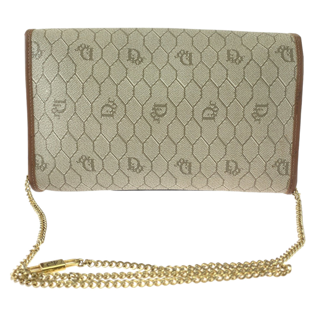 Dior Shoulder Bag PVC, Leather Beige Brown Gold Metal ChainShoulder Bag Crossbody Pochette Honeycomb Pattern Women Used Authentic