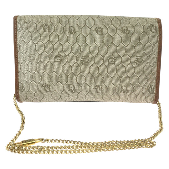 Dior Shoulder Bag PVC, Leather Beige Brown Gold Metal ChainShoulder Bag Crossbody Pochette Honeycomb Pattern Women Used Authentic