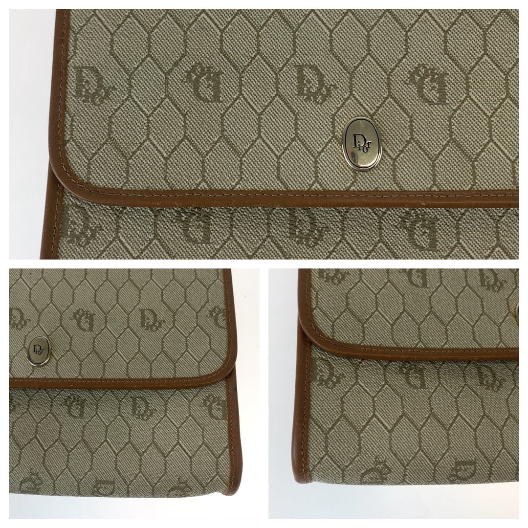 Dior Shoulder Bag PVC, Leather Beige Brown Gold Metal ChainShoulder Bag Crossbody Pochette Honeycomb Pattern Women Used Authentic