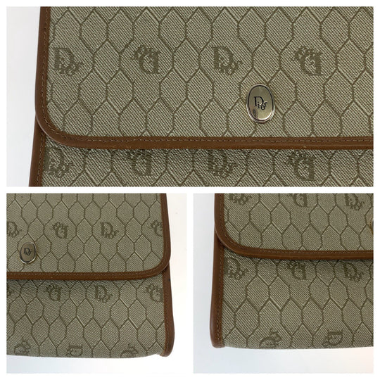 Dior Shoulder Bag PVC, Leather Beige Brown Gold Metal ChainShoulder Bag Crossbody Pochette Honeycomb Pattern Women Used Authentic
