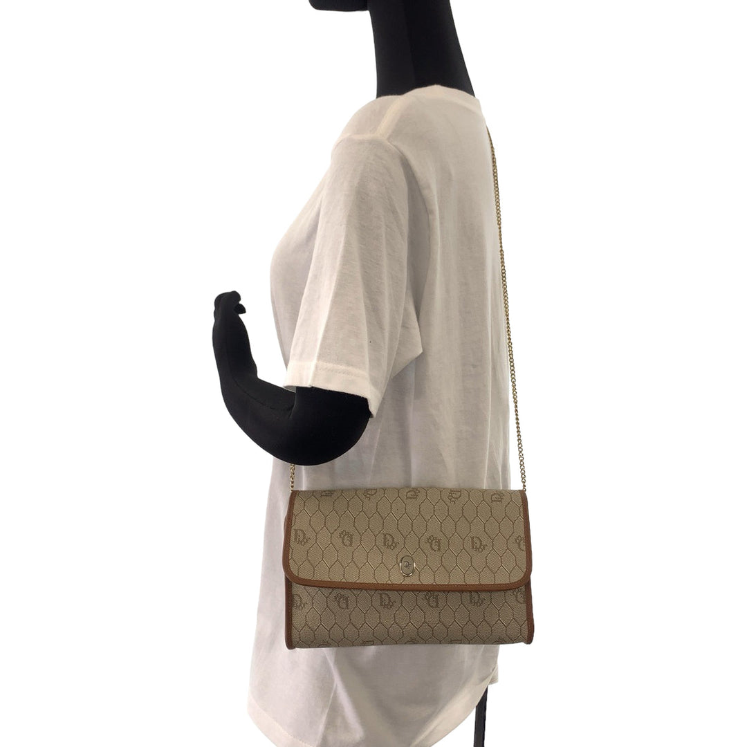 Dior Shoulder Bag PVC, Leather Beige Brown Gold Metal ChainShoulder Bag Crossbody Pochette Honeycomb Pattern Women Used Authentic