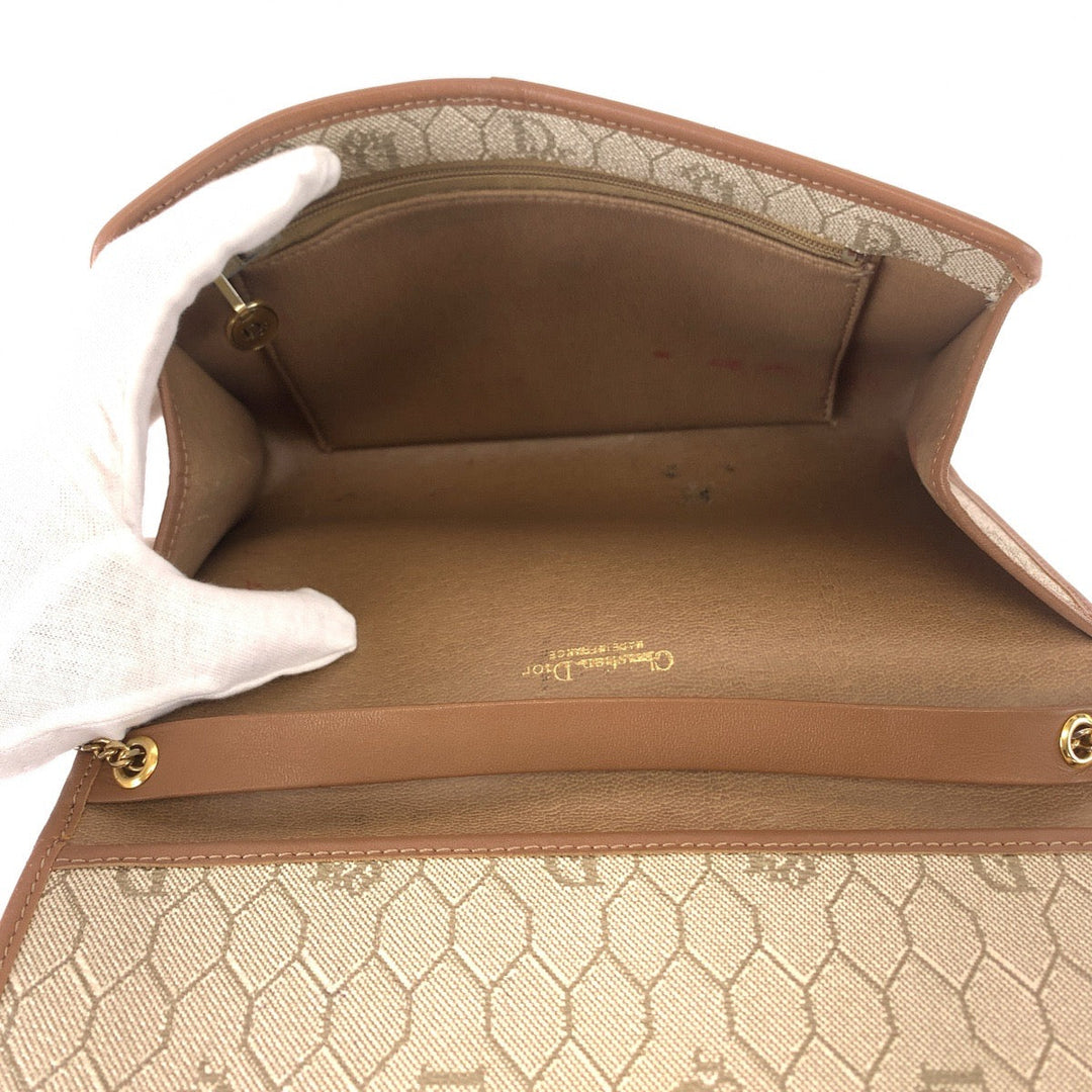 Dior Shoulder Bag PVC, Leather Beige Brown Gold Metal ChainShoulder Bag Crossbody Pochette Honeycomb Pattern Women Used Authentic