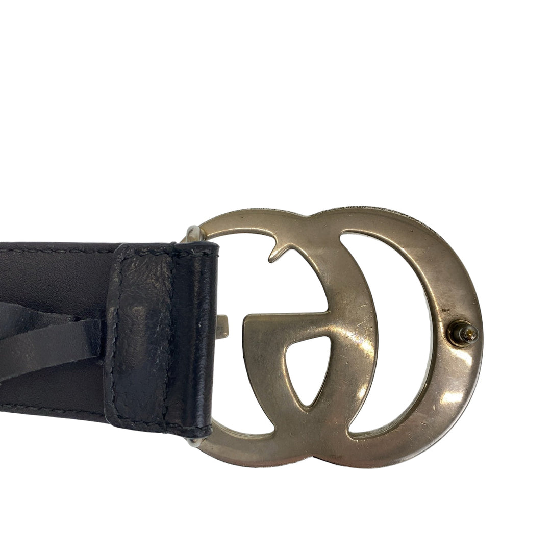 GUCCI belt 525040 leather Black SilverMetal Belt Buckle 33.1"/34" Unisex Marmont GG logo mens 34 Used Authentic